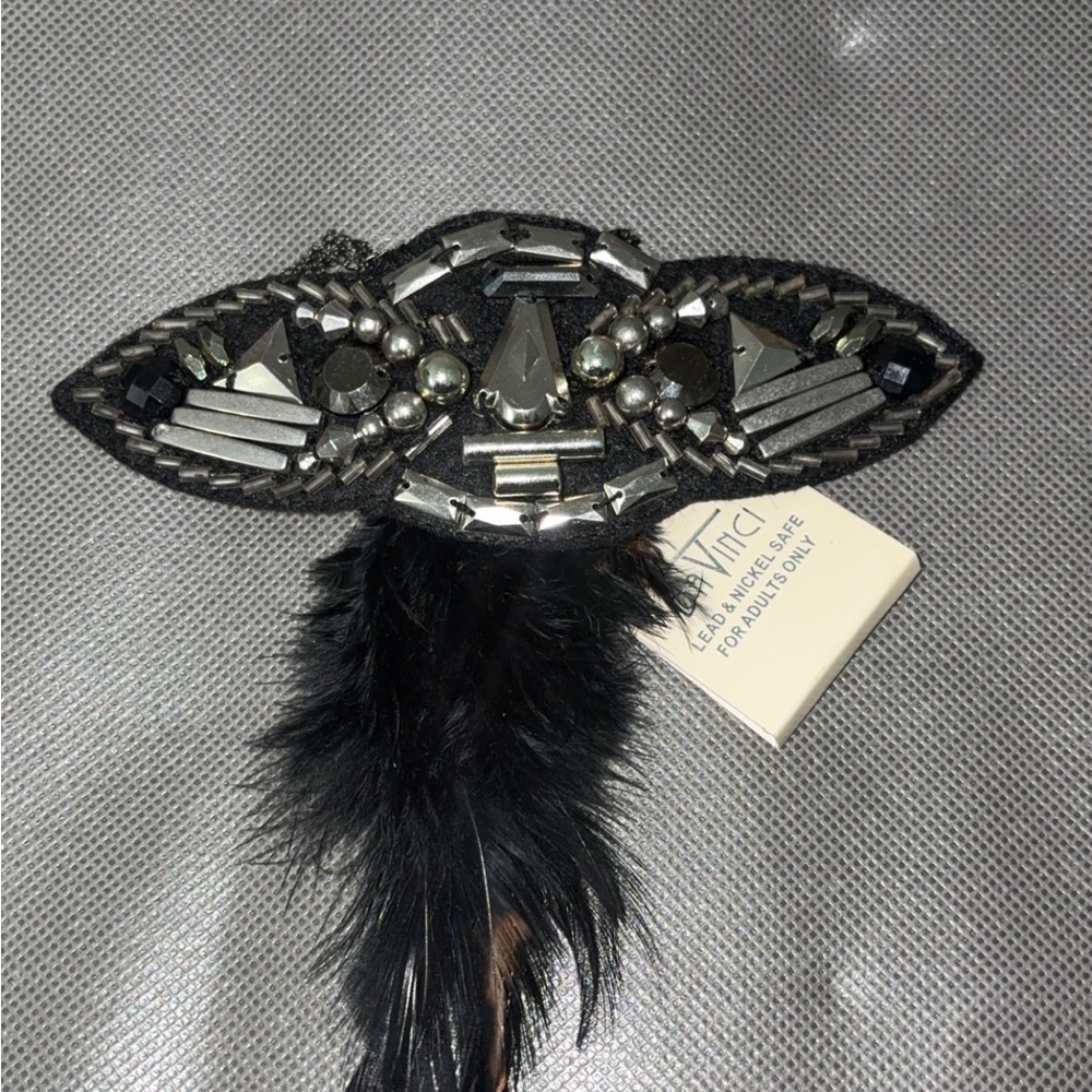 Embellished Black Feather Brooch